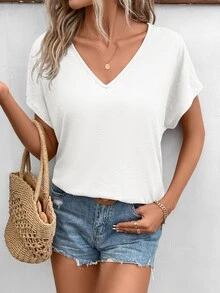 SHEIN Frenchy Casual White V Neck Short Sleeve Shirt For Women Loose Fit Summer Top - White - View 6