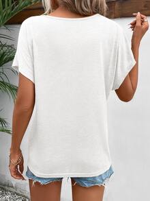 SHEIN Frenchy Casual White V Neck Short Sleeve Shirt For Women Loose Fit Summer Top - White - View 3