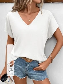 SHEIN Frenchy Casual White V Neck Short Sleeve Shirt For Women Loose Fit Summer Top - White - View 9