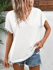 SHEIN Frenchy Casual White V Neck Short Sleeve Shirt For Women Loose Fit Summer Top - White - View 5