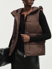 Aveloria Modichic Women's Padded Vest Jacket Hooded Cinched Waist Quilted Nylon Integrated Hood Warm Padding Modern Brown Solid Fall Winter Clothes Puffer Jacket - Brown - View 3