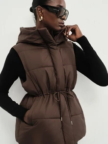 Aveloria Modichic Women's Padded Vest Jacket Hooded Cinched Waist Quilted Nylon Integrated Hood Warm Padding Modern Brown Solid Fall Winter Clothes Puffer Jacket - Brown - View 1