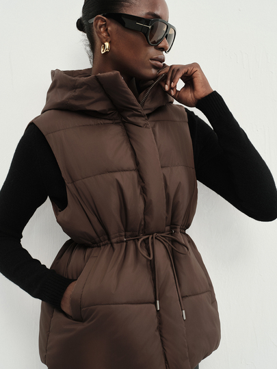 Aveloria Modichic Women's Padded Vest Jacket Hooded Cinched Waist Quilted Nylon Integrated Hood Warm Padding Modern Brown Solid Fall Winter Clothes Puffer Jacket