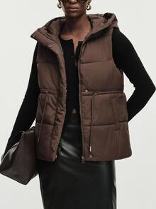 Aveloria Modichic Women's Padded Vest Jacket Hooded Cinched Waist Quilted Nylon Integrated Hood Warm Padding Modern Brown Solid Fall Winter Clothes Puffer Jacket - Brown - View 6