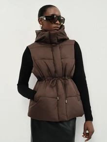 Aveloria Modichic Women's Padded Vest Jacket Hooded Cinched Waist Quilted Nylon Integrated Hood Warm Padding Modern Brown Solid Fall Winter Clothes Puffer Jacket - Brown - View 5