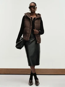 Aveloria Modichic Women's Padded Vest Jacket Hooded Cinched Waist Quilted Nylon Integrated Hood Warm Padding Modern Brown Solid Fall Winter Clothes Puffer Jacket - Brown - View 4