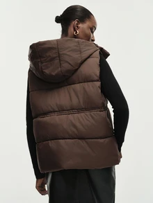 Aveloria Modichic Women's Padded Vest Jacket Hooded Cinched Waist Quilted Nylon Integrated Hood Warm Padding Modern Brown Solid Fall Winter Clothes Puffer Jacket - Brown - View 2