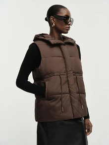 Aveloria Modichic Women's Padded Vest Jacket Hooded Cinched Waist Quilted Nylon Integrated Hood Warm Padding Modern Brown Solid Fall Winter Clothes Puffer Jacket - Brown - View 7
