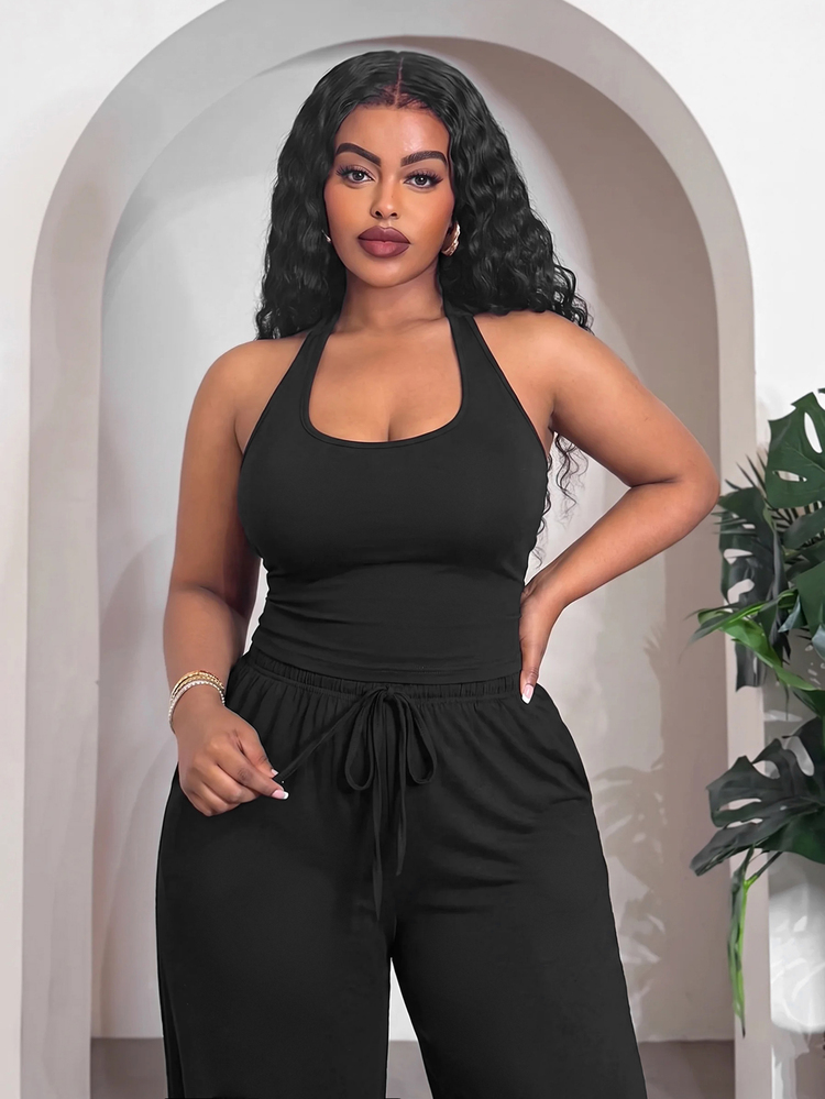 Veslaya New Summer/Fall Plus Size Women's Black Halter Neck Tank Top And Wide Leg Pants Set/Autumn/Elegant/Holiday/Festival/Vacation/Rave/Going Out/95%Cotton - Black - View 4