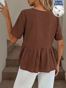 Easowa 100 Cotton Round Neck Ruched Ruffle Hem Short Sleeve Blouse, Casual Commute Brunch Resort Style For Women, Summer Top Coffee Brown - Brown - View 6