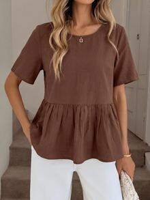 Easowa 100 Cotton Round Neck Ruched Ruffle Hem Short Sleeve Blouse, Casual Commute Brunch Resort Style For Women, Summer Top Coffee Brown - Brown - View 3