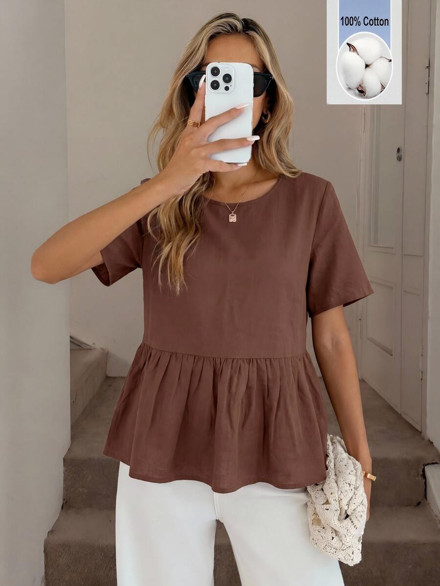 Easowa 100 Cotton Round Neck Ruched Ruffle Hem Short Sleeve Blouse, Casual Commute Brunch Resort Style For Women, Summer Top Coffee Brown - Brown - View 1