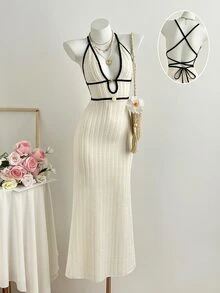 Elamini Women's Black And White Textured Jacquard Deep V-Neck Backless Fitted Maxi Casual Sexy Vacation Dress Vacation Summer Vacation - Apricot - View 3