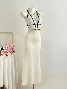 Elamini Women's Black And White Textured Jacquard Deep V-Neck Backless Fitted Maxi Casual Sexy Vacation Dress Vacation Summer Vacation - Apricot - View 5