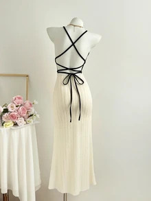Elamini Women's Black And White Textured Jacquard Deep V-Neck Backless Fitted Maxi Casual Sexy Vacation Dress Vacation Summer Vacation - Apricot - View 2