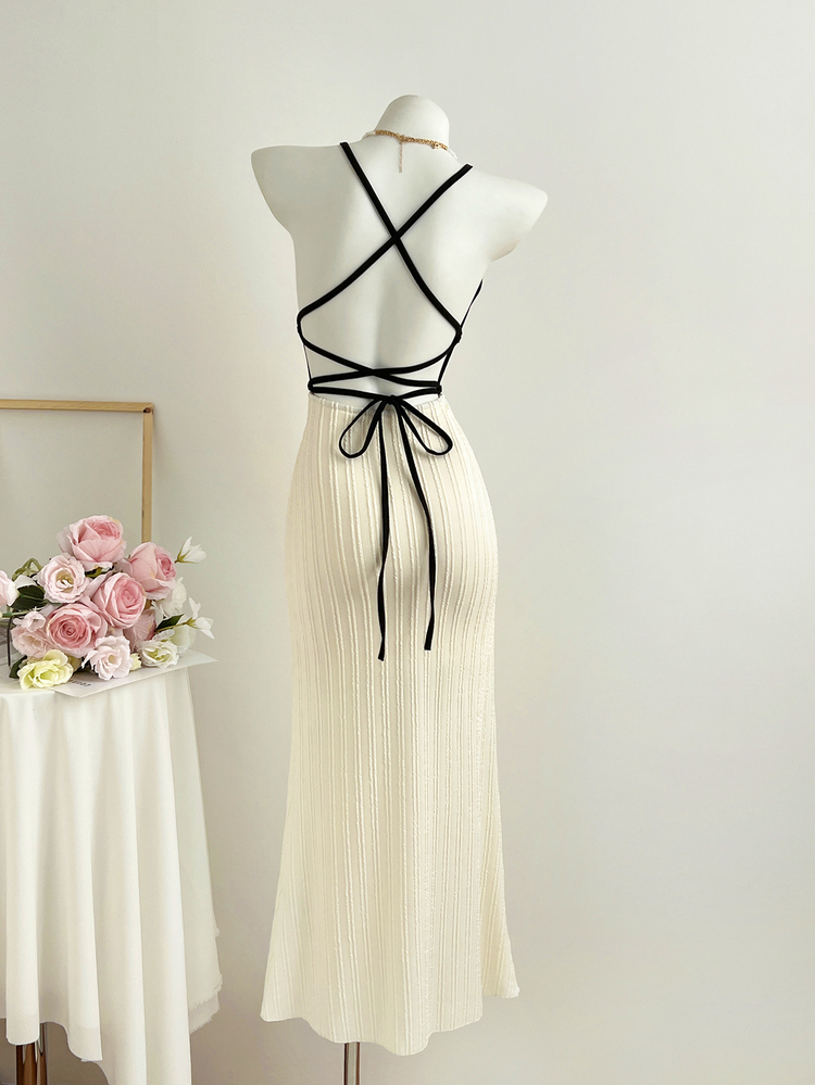 Elamini Women's Black And White Textured Jacquard Deep V-Neck Backless Fitted Maxi Casual Sexy Vacation Dress Vacation Summer Vacation - Apricot - View 2
