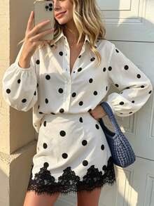 SHEIN PariChic Polka Dot Print Lantern Sleeve Shirt & Lace Trim Skirt - Apricot - View 1