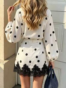 SHEIN PariChic Polka Dot Print Lantern Sleeve Shirt & Lace Trim Skirt - Apricot - View 2