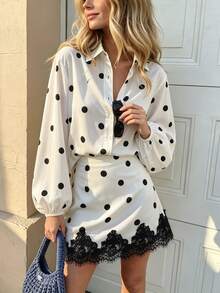 SHEIN PariChic Polka Dot Print Lantern Sleeve Shirt & Lace Trim Skirt - Apricot - View 3
