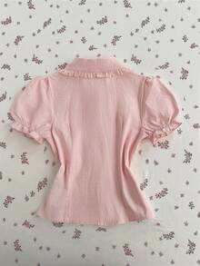 Elamini Women's Regular Fit Peter Pan Collar Puff Sleeve Embroidered Floral Lace Patchwork Decorative Shirt - Pink - View 2