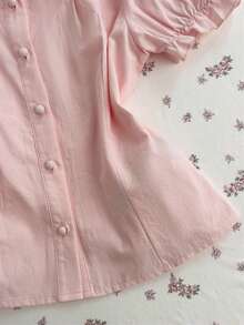 Elamini Women's Regular Fit Peter Pan Collar Puff Sleeve Embroidered Floral Lace Patchwork Decorative Shirt - Pink - View 3