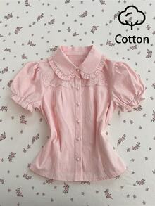 Elamini Women's Regular Fit Peter Pan Collar Puff Sleeve Embroidered Floral Lace Patchwork Decorative Shirt - Pink - View 4