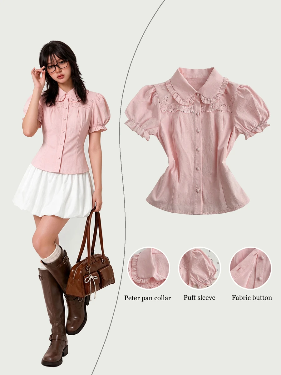 Elamini Women's Regular Fit Peter Pan Collar Puff Sleeve Embroidered Floral Lace Patchwork Decorative Shirt - Pink - View 1
