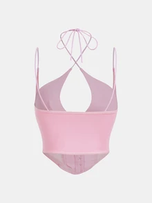 SHEIN Sweetina White Corset Hook And Eye Front Mesh Insert Cami Top - Pink - View 6