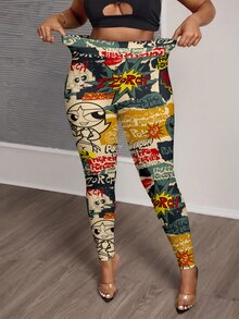 Slaydiva THE POWERPUFF GIRLS X SHEIN Plus Size Women's All-Over Print Casual Daily Wear Tight Leggings - Multicolor - View 1