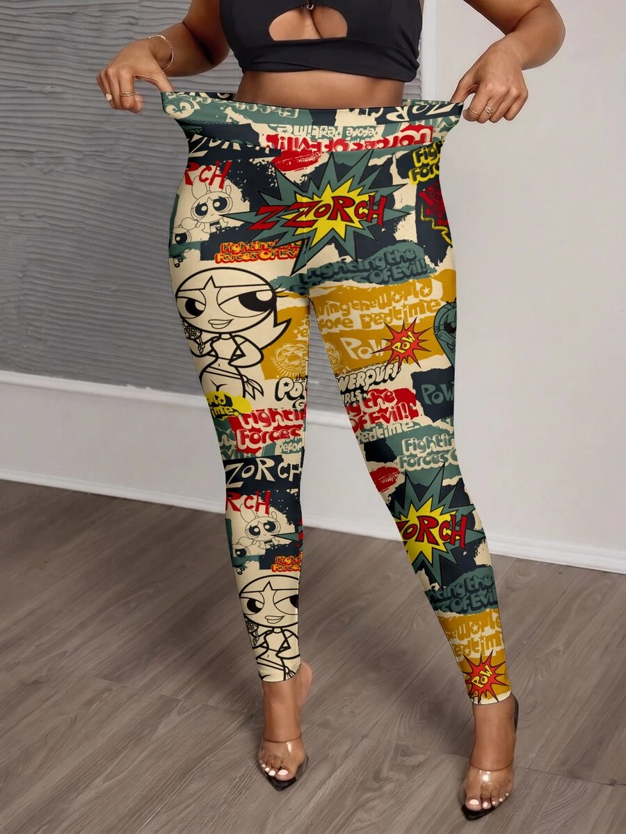 Slaydiva THE POWERPUFF GIRLS X SHEIN Plus Size Women's All-Over Print Casual Daily Wear Tight Leggings - Multicolor - View 1