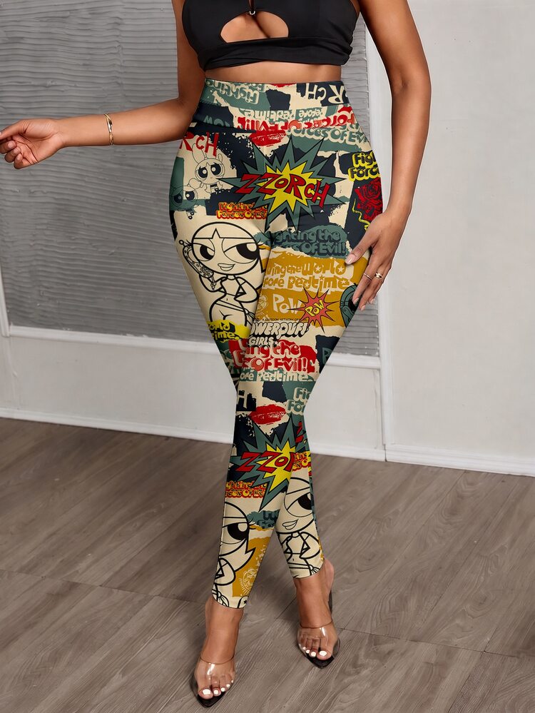 Slaydiva THE POWERPUFF GIRLS X SHEIN Plus Size Women's All-Over Print Casual Daily Wear Tight Leggings - Multicolor - View 4