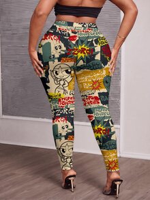 Slaydiva THE POWERPUFF GIRLS X SHEIN Plus Size Women's All-Over Print Casual Daily Wear Tight Leggings - Multicolor - View 2
