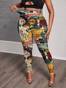 Slaydiva THE POWERPUFF GIRLS X SHEIN Plus Size Women's All-Over Print Casual Daily Wear Tight Leggings - Multicolor - View 6