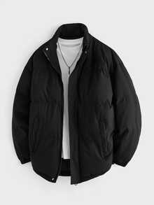 HIMLAND Men's Solid Color Long Sleeve Zip-Up Casual Winter Jacket - Black - View 2