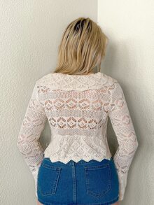 SHEIN ICON Women's Solid Color Button Hollow Elegant Cardigan Crochet Crop Top - Apricot - View 2