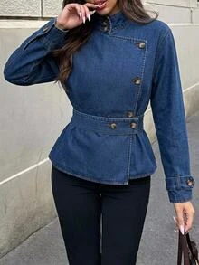Easowa 女款立領長袖單排扣休閒復古優雅百搭牛仔夾克，深藍色，適合日常半正式場合、秋季旅行與聖誕 - 深色水洗藍 - 查看 6