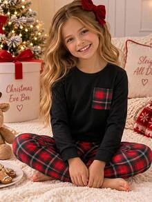 SHEIN 女童秋冬聖誕可愛時尚百搭派對長袖褲裝套裝 日常居家穿著 修身款 - 彩色 - 查看 12