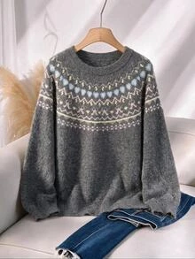 SHEIN Clasi Plus Size Women's Cute Elegant Fair Isle Long Sleeve Pullover Sweater - Grey - View 1