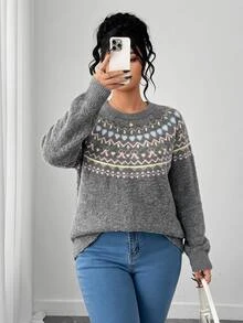 SHEIN Clasi Plus Size Women's Cute Elegant Fair Isle Long Sleeve Pullover Sweater - Grey - View 8
