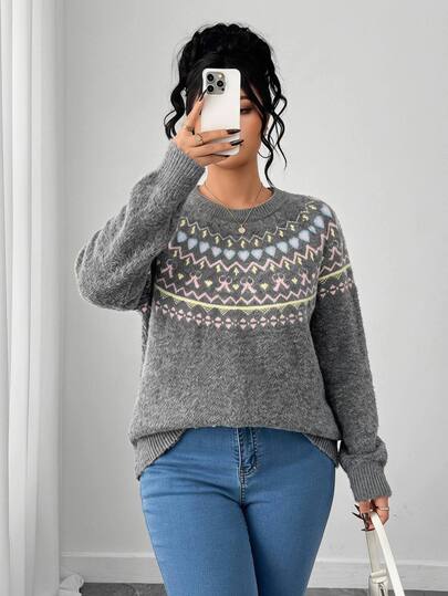 SHEIN Clasi Plus Size Women's Cute Elegant Fair Isle Long Sleeve Pullover Sweater