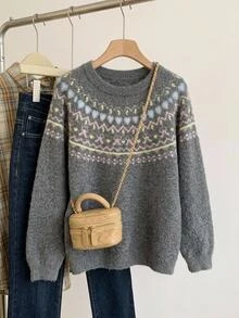 SHEIN Clasi Plus Size Women's Cute Elegant Fair Isle Long Sleeve Pullover Sweater - Grey - View 7