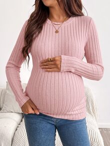 SHEIN Maternity Solid Color Round Neck Long Sleeve Ribbed T-Shirt Fall Formal Photoshoot Pink Básica Casual - Pink - View 4
