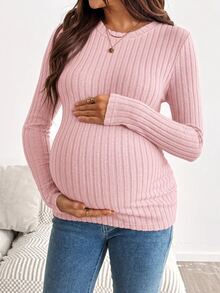 SHEIN Maternity Solid Color Round Neck Long Sleeve Ribbed T-Shirt Fall Formal Photoshoot Pink Básica Casual - Pink - View 2