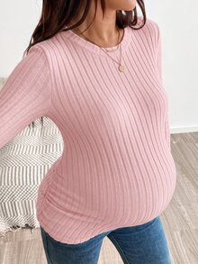 SHEIN Maternity Solid Color Round Neck Long Sleeve Ribbed T-Shirt Fall Formal Photoshoot Pink Básica Casual - Pink - View 6