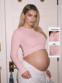 SHEIN Maternity Solid Color Round Neck Long Sleeve Ribbed T-Shirt Fall Formal Photoshoot Pink Básica Casual - Pink - View 3