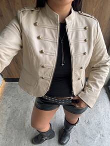 Muchica Plus Size Women's Solid Color Stand Collar Zipper Casual Versatile Everyday Jacket Fall - Khaki - View 12