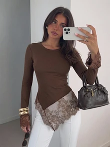 Siren Gaze Women's New Fall Dark Brown Floral Lace Patchwork Long Sleeve T-Shirt Going Out Dinner Date Brunch Romantic Elegant - Brown - View 8