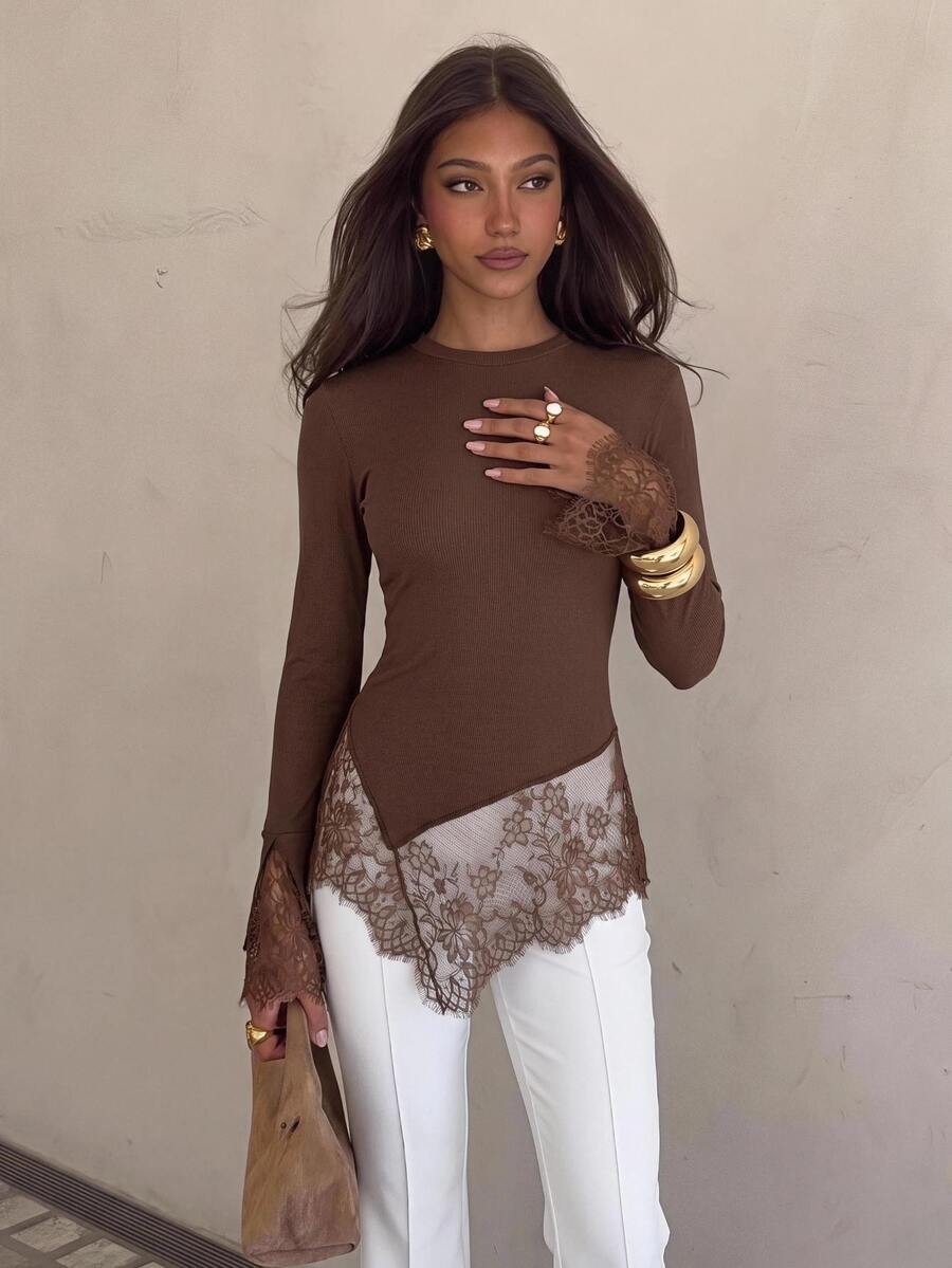 Siren Gaze Women's New Fall Dark Brown Floral Lace Patchwork Long Sleeve T-Shirt Going Out Dinner Date Brunch Romantic Elegant - Brown - View 1