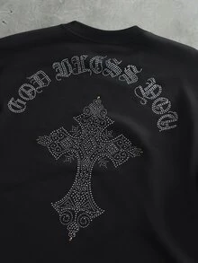 Major Grit 男士水鑽字母十字圖案長袖休閒T恤，哥德風 - 黑色 - 查看 4