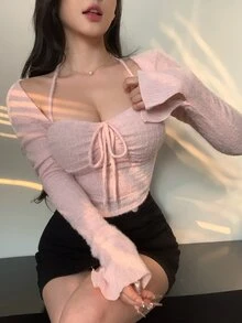 Joudiya 秋冬女款紋理毛絨掛脖綁帶抽繩喇叭袖粉色長袖T恤外出上衣 - 西瓜粉 - 查看 11
